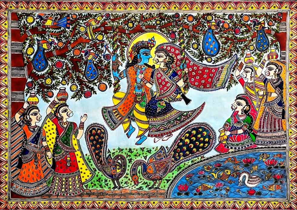 A vibrant and intricate Madhubani painting showing traditional motifs of fish and flowers from Bihar